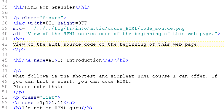 View of the HTML source code of the beginning of this web page.