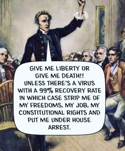 Give me liberty or give me death, unless there's a virus with a 99% recovery rate in which case strip me of my freedoms, my job, my constitutional rights and put me under house arrest.