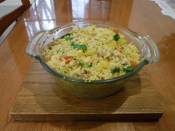 Vegetable and animal protein couscous.