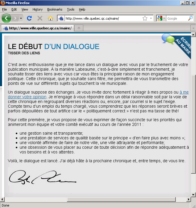 Chronique du Maire - Le début d'un dialogue (2011-fév)