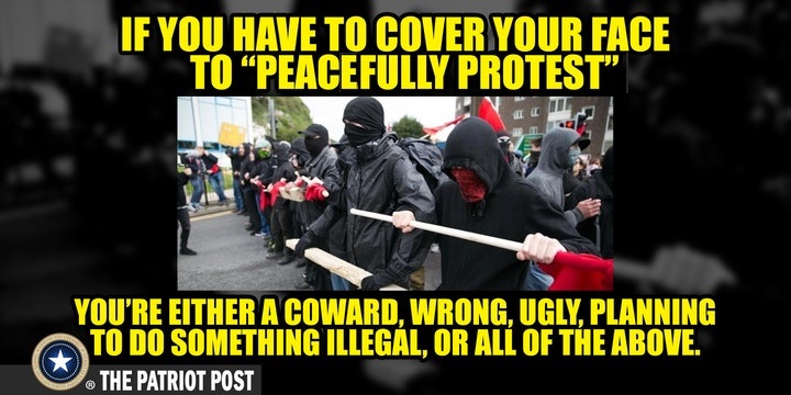 If you have to cover your face to «peacefully protest», you're either a coward, ugly, planning to do something illegal, or all of the above.