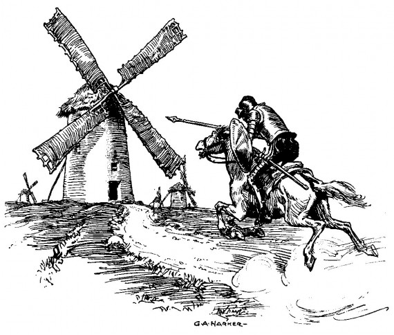 Don Quixote charging at a windmill.