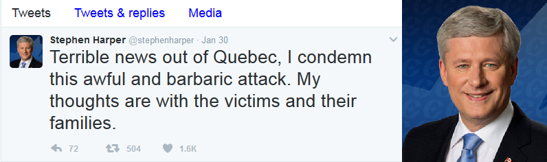 Réaction de Stephen Harper, ancien Premier ministre du Canada: «Mes pensées sont avec les victimes et leurs familles».