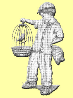 Boy holding canary in birdcage