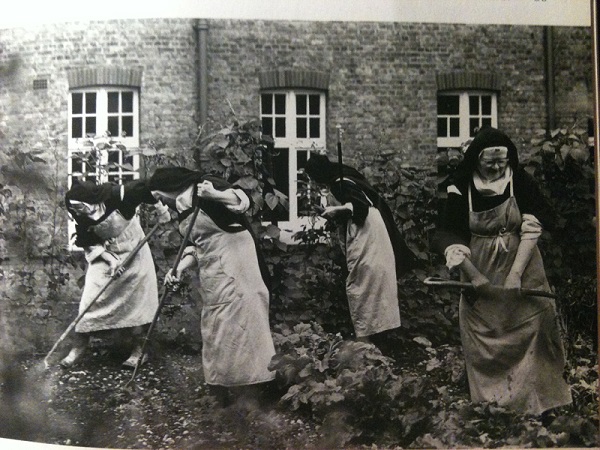 Nuns gardening.