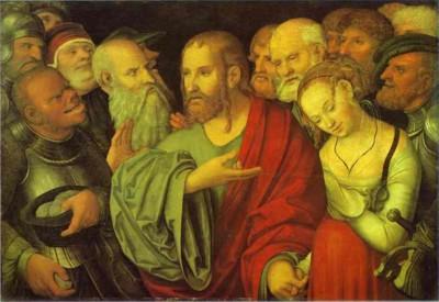 Lucas Cranach le Jeune. Le Christ et la femme adultère.