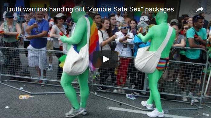Truth warriors handing out «Zombie Safe Sex» packages.