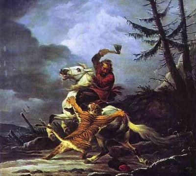 Alexander Orlowski. Cossack Fighting off a Tiger.