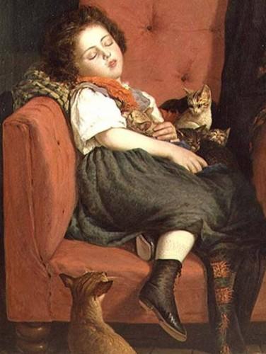 Auguste L'Orange. Fillette endormie avec des chatons.