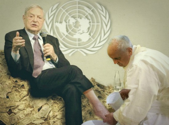 Bergoglio washing the feet of Soros, who is sitting on a pile of cash, at the UN.