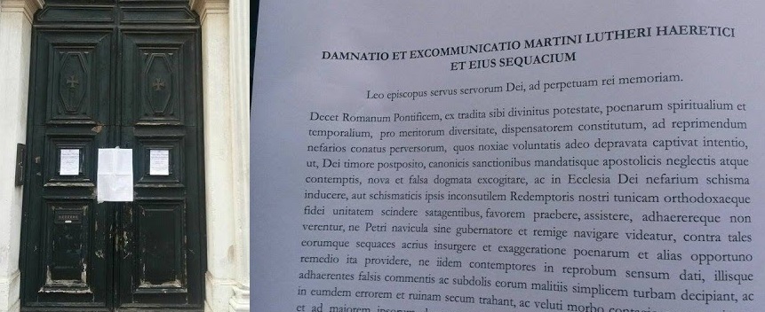 A prankster taped «Decet Romanum Ponteficem» on the doors of the Chiesa Evangelica Alemanna in Venice next to the signs proclaiming the celebration of the Protestant «Reform».